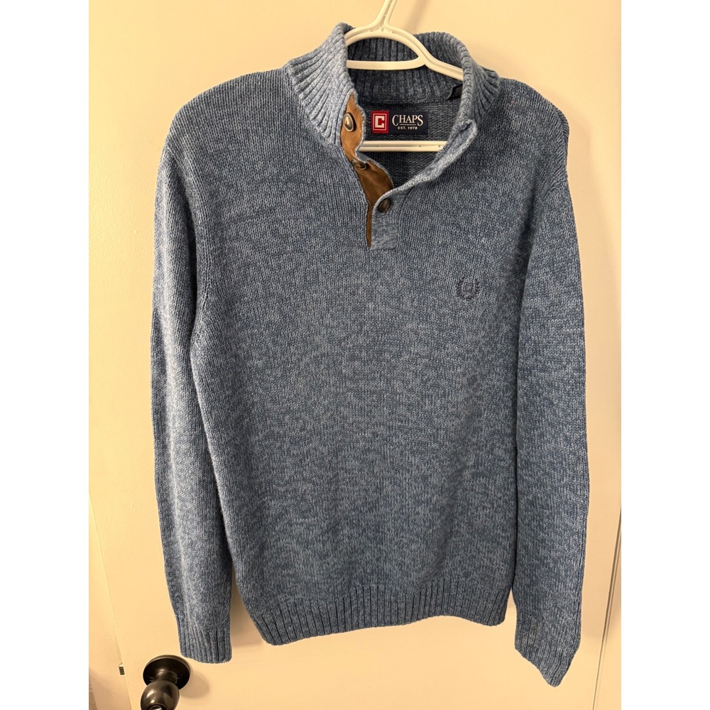Chaps Mens Blue Marl Cotton Quarter Button Mock Neck Sweater Elbow Patches M